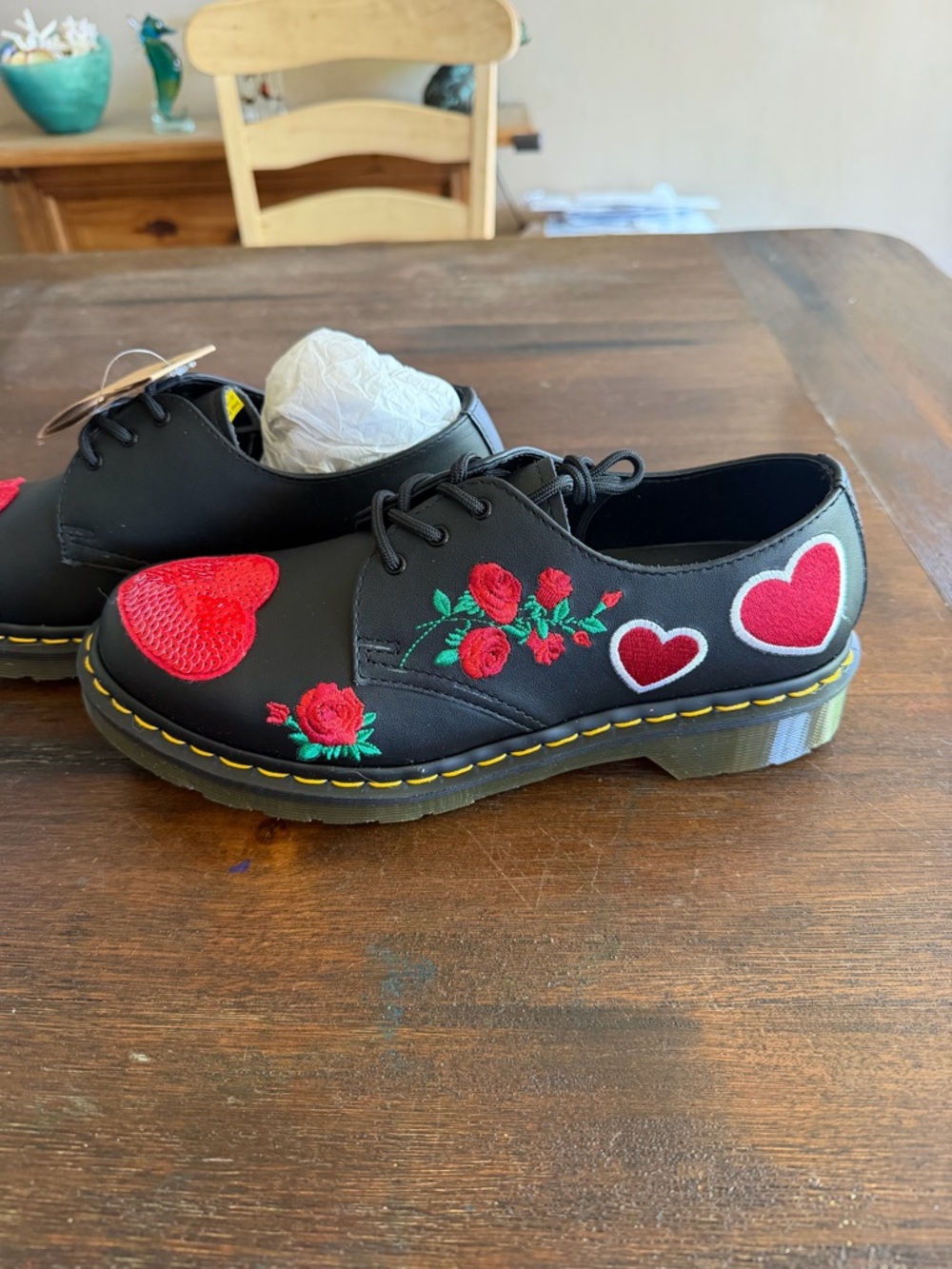 Dr. Martens Black Leather Lace-Up Flats with Red Sequin Hearts - Picture 6 of 6